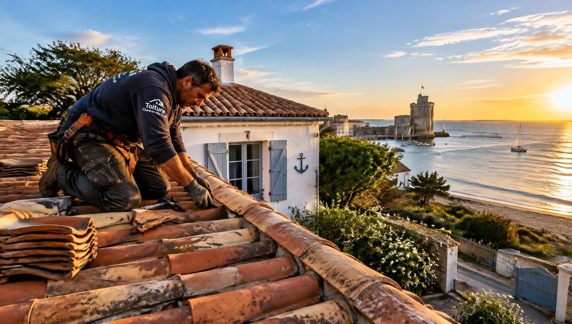 Couvreur HT Rénovation sur une toiture en tuiles à La Rochelle