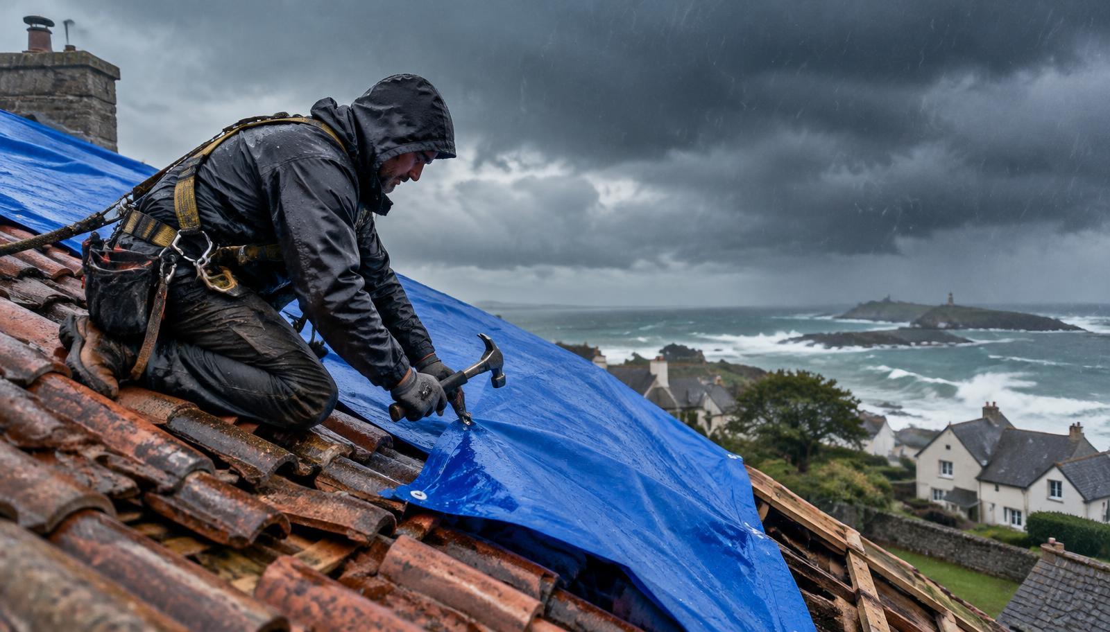 Bâchage d'urgence d'une toiture après tempête